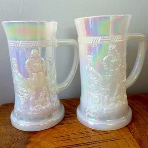 Pair of Vintage Federal Pearl Iridescent Glass Beer Stein Mugs Tavern Scene